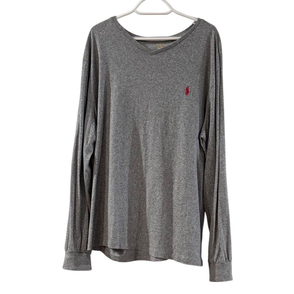 Polo Ralph Lauren Mens XL Long Sleeve V-Neck T-Shirt Heather Grey Red Pony Logo